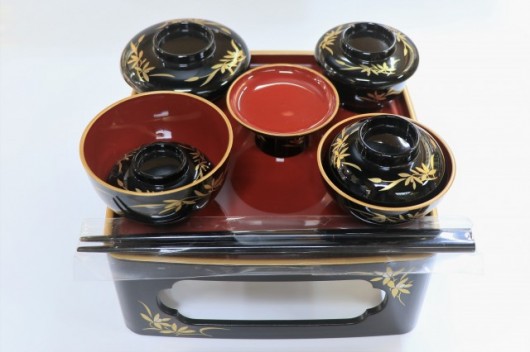 仏膳用お椀セット 箸付　黒（内朱・フチ金）蒔絵/蘭